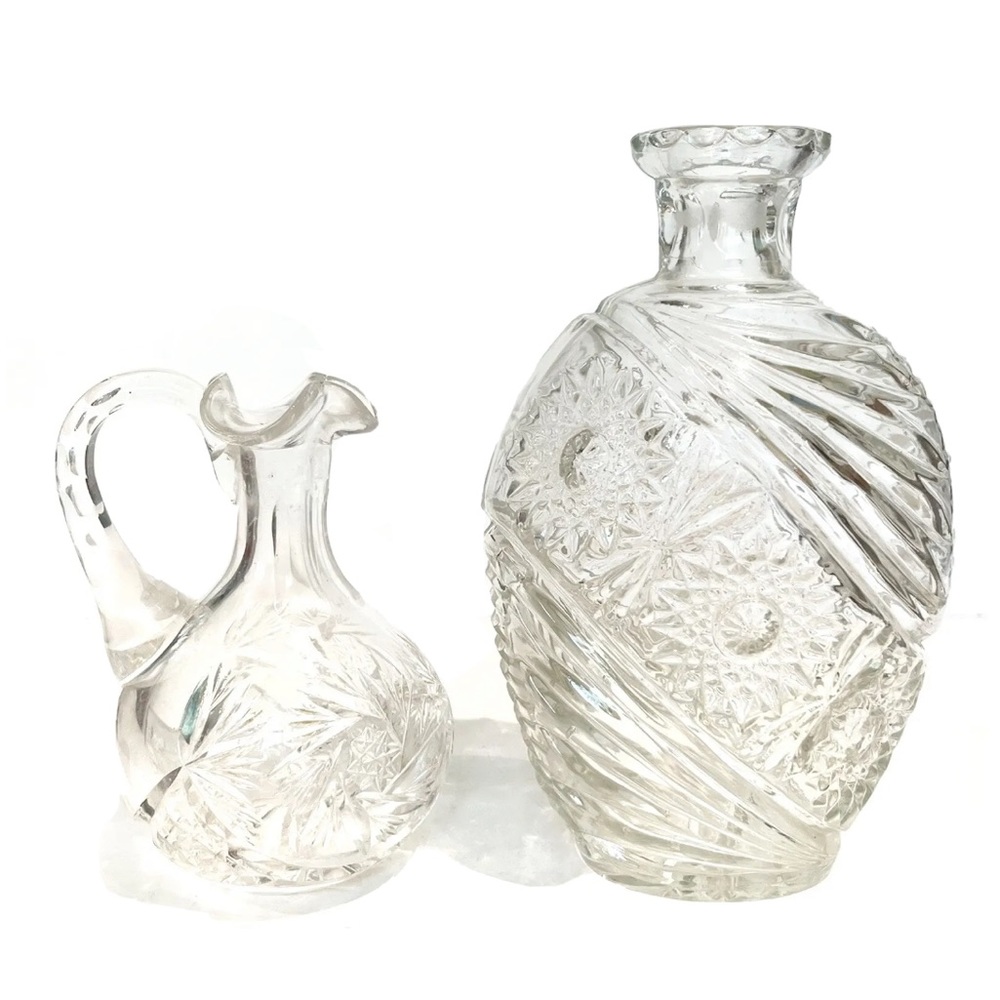 Vintage Cut Crystal Glass Vase Decanter Set Floral Flower Star Designs Handle
